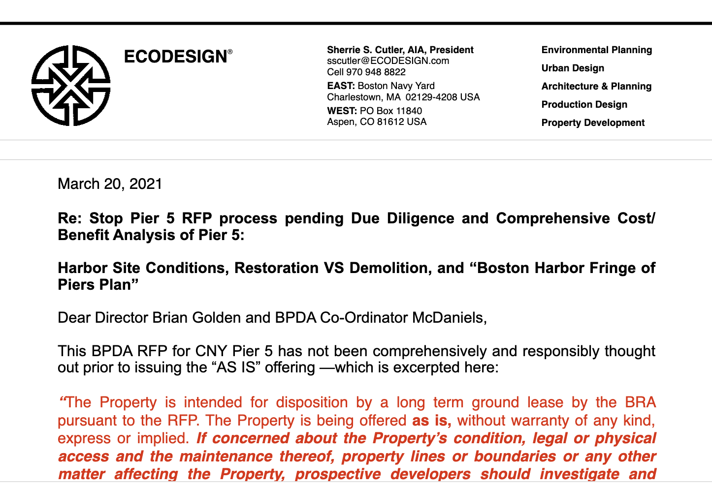 2021 Stop Pier 5 RFP process pending Due Diligence and Comprehensive Cost/Benefit Analysis of Pier 5